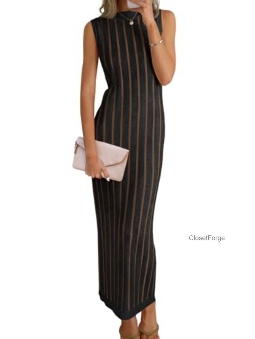 Sleeveless Ribbed Knit Maxi Dress Mock Neck Tank